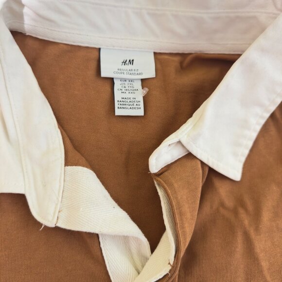 H&M Mens Regular Fit Rugby Shirt XXL Brown & White Long Sleeve Collared Top - Picture 8 of 13